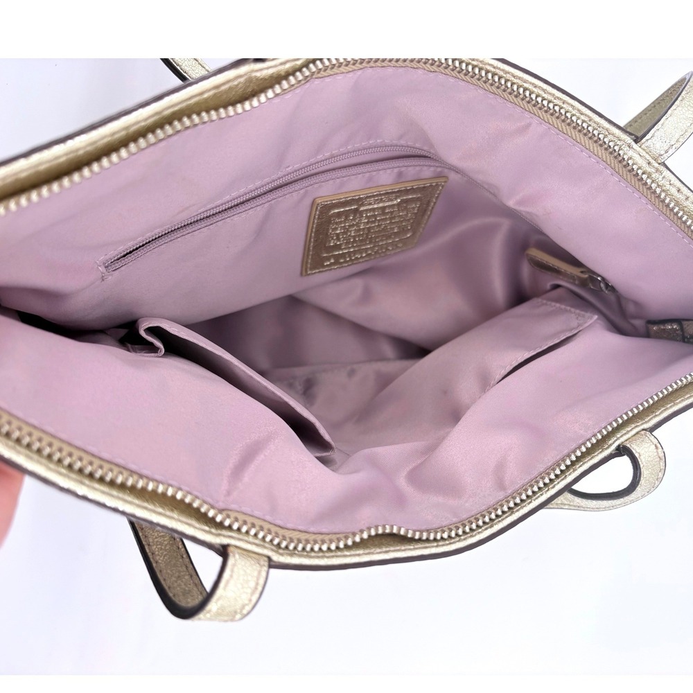 Coach Heritage Plaid Signature C Tote Bag Metallic Gold Lavender F17474 - Picture 9 of 11